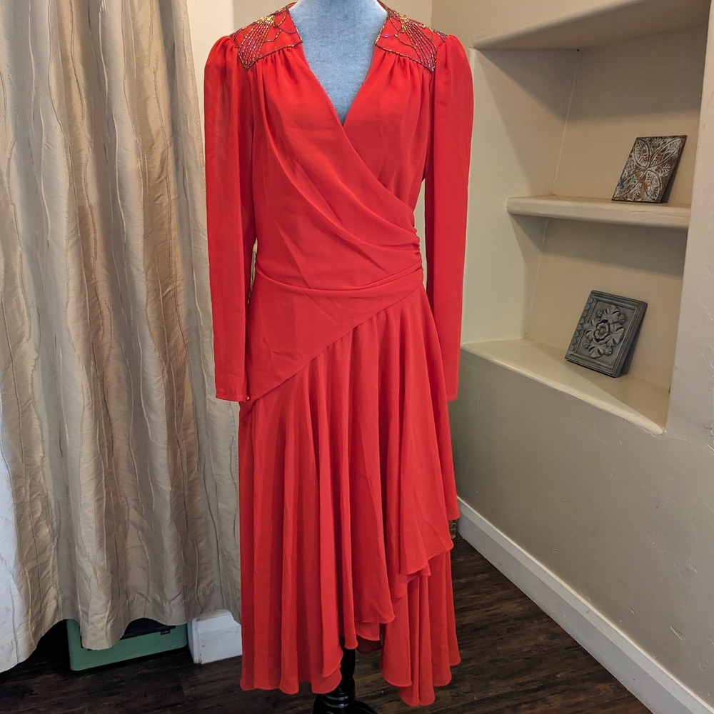 Vintage 80s Red Sequin Beaded Wrap Dress 10/12 Old Hollywood Puff Sleeve Keyhole